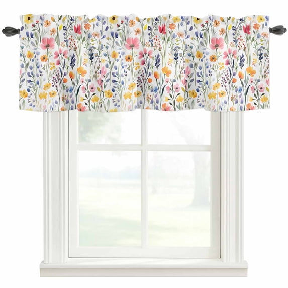 Spring Watercolor Valances for Windows Pink Purple Yellow Flowers Floral Rod Pocket Curtain Valance Window Treatment Short Curtains for Kitchen Living Room, 60"x18"