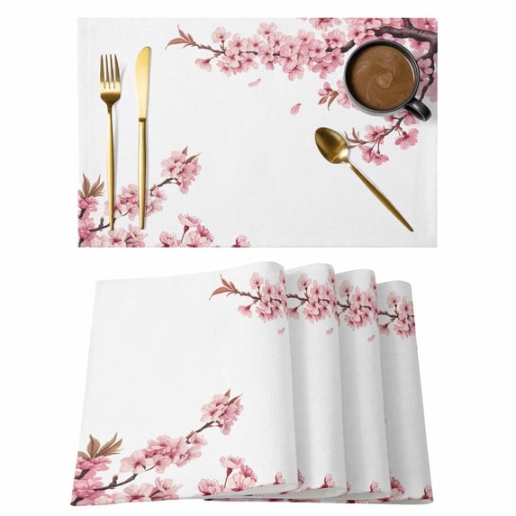 Spring Watercolors Cherry Flowers Placemats Set of 6,Wipeable Washable Table Mats for Dining Tables, Pink Floral Art Place Mats for Kitchen Event Party Tabletop Decor
