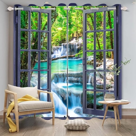 Spring Waterfall Curtains Opening Window Scenery Summer Green Jungle Rainforest Landscape Window Drapes For Kitchen Living Room Bedroom Decorations 42"W x 63"L (Pack of 2)
