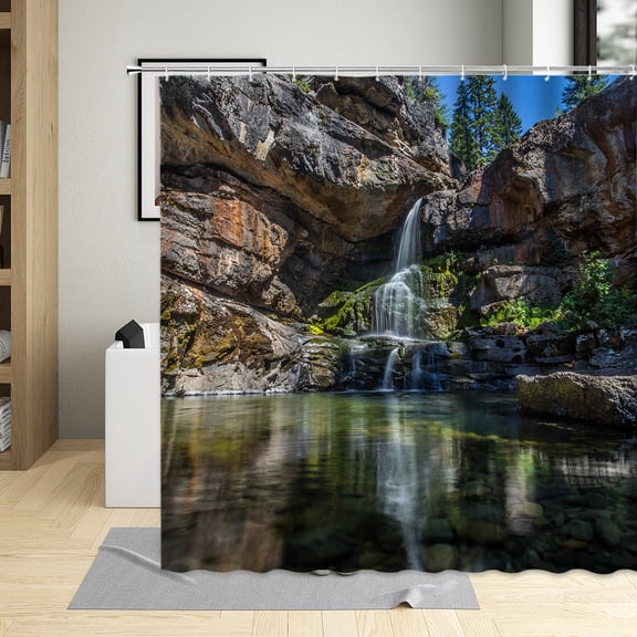 Spring Waterfall Landscape Shower Curtain Rock Forest Green Natural Scenery Background Decoration Bathroom With Hook Washable