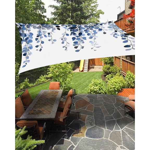Spring Waterproof Sun Shade Sail Watercolor Dark Blue Eucalyptus Leaves Botanical Plant Outdoor Patio Sun Shades Canopy UV Block Waterproof Sunshade for Garden Backyard Deck Pergola 14x18 Ft