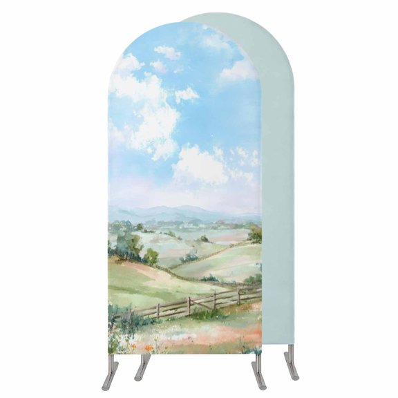Spring Wedding Arch Cover,Stretchy Spandex Arch Backdrop Stand Covers 5 FT,Grassland Blue Sky Trees Mountain Nature Scenery Round Top Arched Backdrop Cover for Birthday Party Ceremony Baby Shower