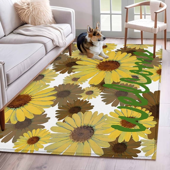 Spring Welcome Area Rugs 4x6 ft Sunflowers Watercolors Art Yellow White Rustic Washable Rug Non Slip Indoor Carpet Absorbent Floor Mat for Living Room Bedroom Dining Room