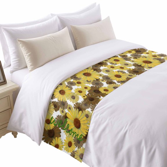 Spring Welcome Bed Runner for Cal King Size Bed, Sunflowers Watercolors Art Yellow White Rustic Soft Bedding Scarf Bedding Protector Slipcover Sofa Throw for Bedroom Hotel Guesthouse