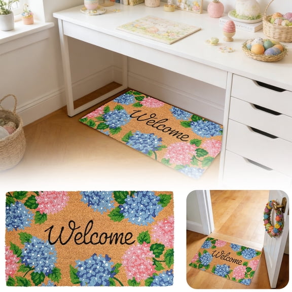 Spring Welcome Carpet, Pink, 30x18 Inch Easter Bunny Coir Doormat, Natural Coconut Fiber Mat for Porch, Garden Entry, Easter Decorations, By Preplabs