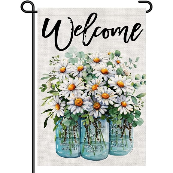 Spring Welcome Daisy Mason Jar Garden Flag 12x18, Spring Floral Yard Outdoor Decor, Double Sided Burlap Small Garden Sign DF1114