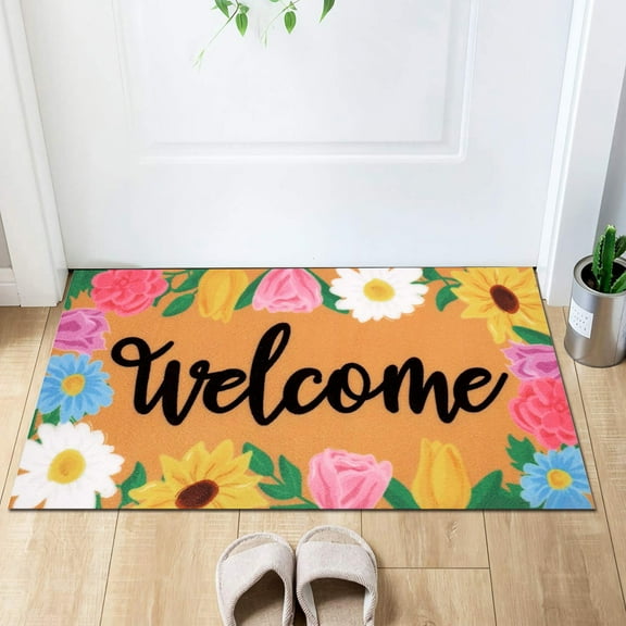 Spring Welcome Door Mats, Floral Welcome Spring Daisy Sunflower Tulip Rose Home Housewarming Front Porch Rugs Floor Mat, 20x31 inch