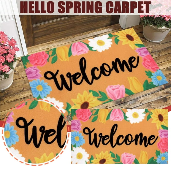 Spring Welcome Doormat, Gaqring Non-Slip Indoor Outdoor Carpet, Polyester Rectangle 45x75cm Anti-Slip PVC Floor Mat for Entrance Hallway Living Room