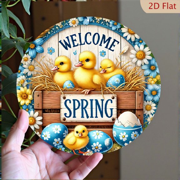Spring Welcome Ducklings Round Metal Wall Art 8x8 Inch Farmhouse Easter Decorative Aluminum Sign for Home Kitchen Living Room Decor