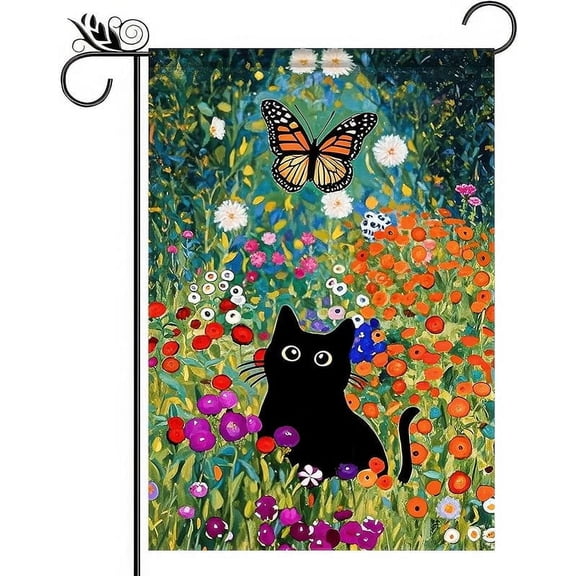 Spring Welcome Garden Flag 12x18 Inch Double Sided Black Cat Small Flags For Outside Outdoor Decor Farmhouse Holiday Spring Summer Seasonal Decorations Yard Flags