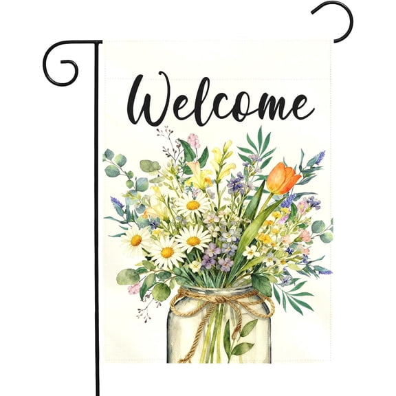 Spring Welcome Garden Flag Watercolor Wildflower Bouquet Mason Jar Floral Yard Flags Springtime Home Seasonal Bright Daisy Tulip Rustic Farmhouse House Banner Front Porch Outdoor 12×18 Inch