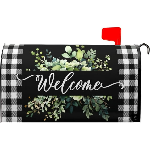 Spring Welcome Green Eucalyptus Leaf Mailbox Covers Magnetic Standard Size 18" X 21",Black White Buffalo Plaid Mailbox Wraps Post Letter Box Cover for Holiday Garden Yard Decor