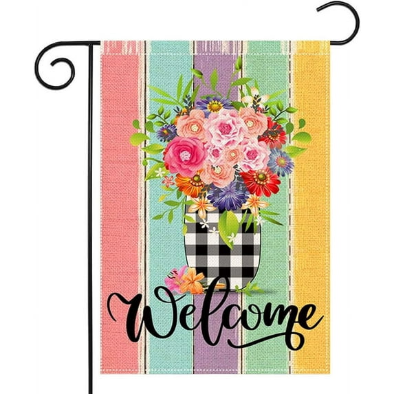 Spring Welcome House Flag 28 x 40 Inch Colorful Floral Decorative Double Sided Burlap Flag For Spring Summer Farmhouse Yard Seasonal Decor