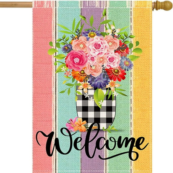Spring Welcome House Flag 28 x 40 Inch Colorful Floral Decorative Double Sided Burlap Flag For Spring Summer Farmhouse Yard Seasonal Decor