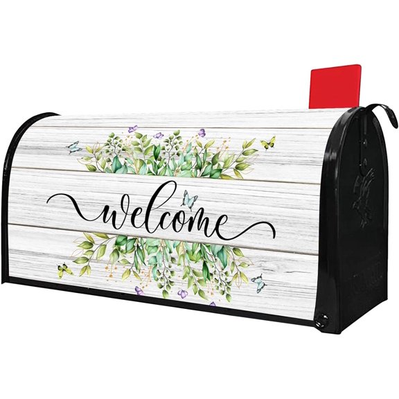 Spring Welcome Mailbox Covers Magnetic Standard Size 21" X 18" Summer Floral Butterflies Welcome Mailbox Wraps Post Letter Box Cover for Garden Yard Home Decor Outdoor Decorations