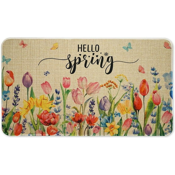 Spring Welcome Mat Spring Door Mat Spring Flower Doormat - Hello Spring Floral Door Mat Indoor Outdoor Non-Slip Doormat Home Entryway Farmhouse Decor, 30"x17"