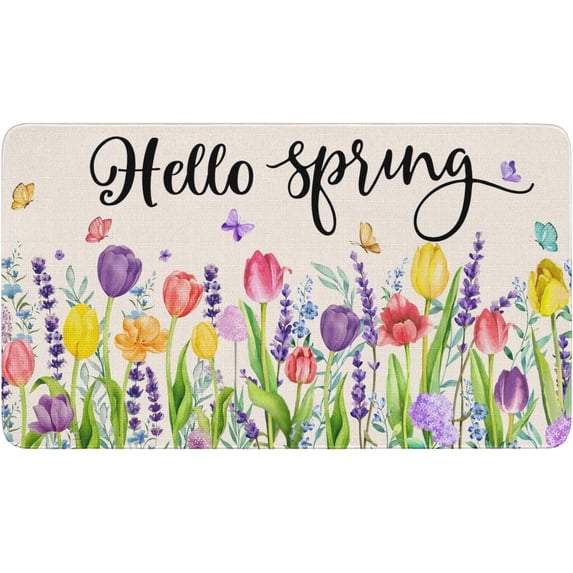 Spring Welcome Mats Hello Spring Floral Decor Door Mat Colorful Tulip Flower Indoor Entrance Cute Decorative Outdoor Doormats Non Slip Outside Door Mats for Front Door Rugs, 30 * 17 in
