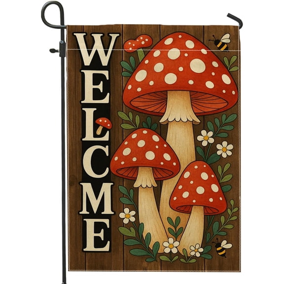 Spring Welcome Mushroom Garden Flag, Red and White Toadstool Bee Floral Outdoor Yard Banner, Rustic Home Decor Double Sided Burlap Seasonal Lawn Decoration 28x40 Inch