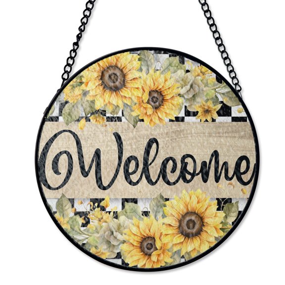 Spring Welcome Sunflower Checkered Suncatcher Stained Glass Style UV Printed Glass Country Style Round