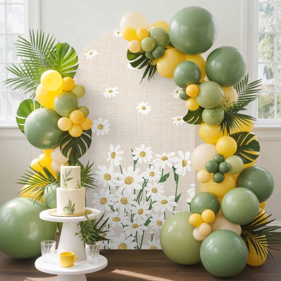 Spring White Arch Backdrop Cover, 6.6FT, Daisy Flowers Plants Linen Style Background Spandex Arch Covers Double-Sided Backdrop for Wedding Birthday Party Photo Background Decoration