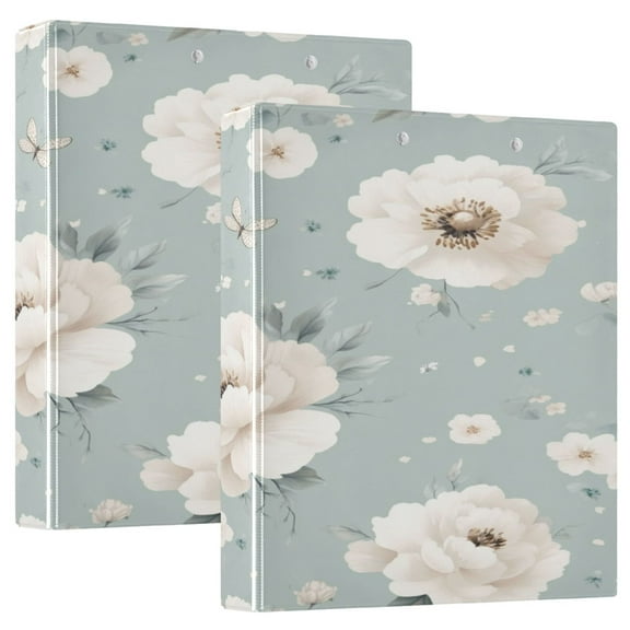 Spring White Blossoms 12.4x10.6in PVC Round Ring Binder, D-Ring 3-Hole, Metal Clip, 200 Sheets