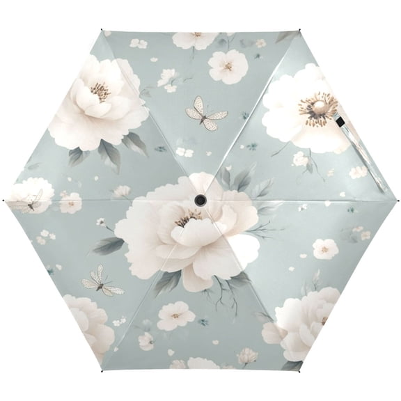 Spring White Blossoms Umbrellas for Sun Auto Open Close UV50+ Waterproof 5-Fold Compact Fiberglass Frame