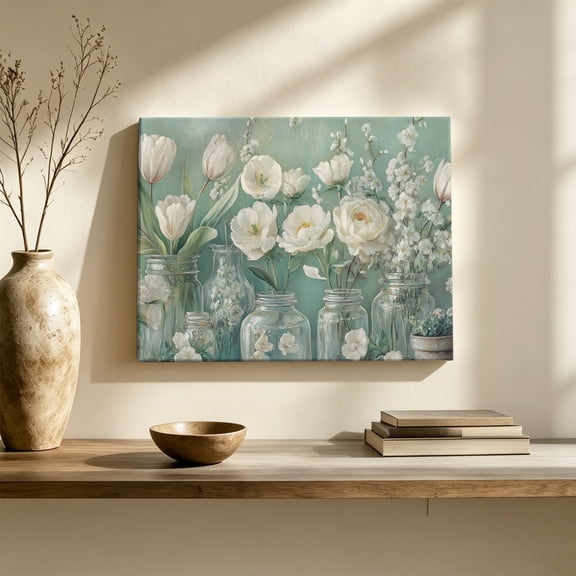 Spring White Camellia Canvas Wall Art, Flower Oil Painting Style Wall Art Prints Artwork Framed Canvas Ready to Hang Art Pictures for Living Dining Room Bedroom Hallway 30" x 20"