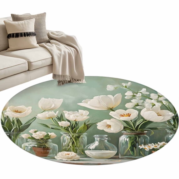 Spring White Camellia Round Area Rug 3.3ft Green Floral Bottle Watercolor Non-Slip Washable Circle Rugs Soft Felt Indoor Floor Mat for Bedroom Kitchen Living Room Bathroom