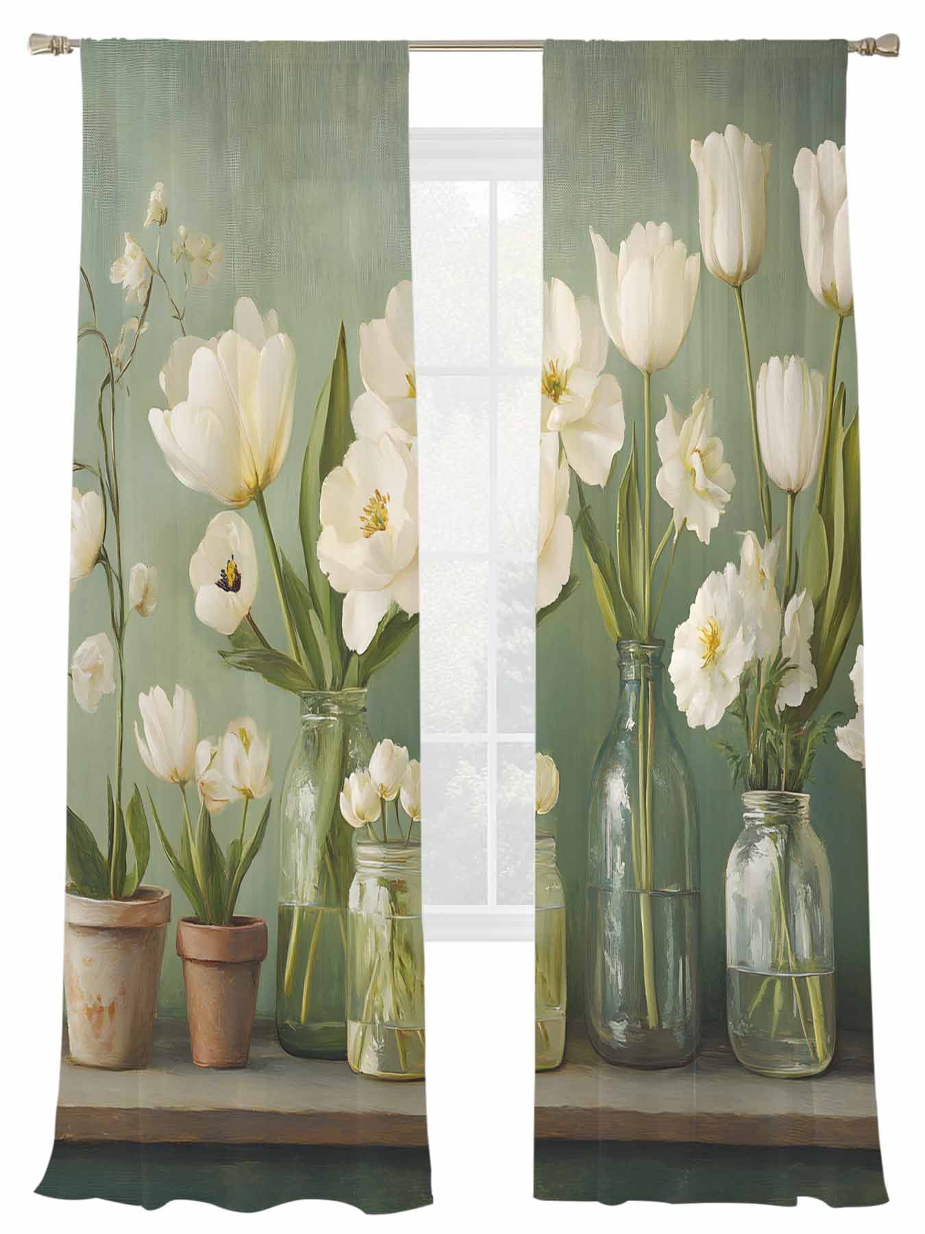 Spring White Camellia Sheer Curtains 2 Panels Set Flower Modern Oil ...