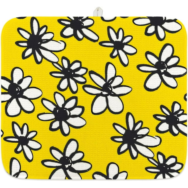 Spring White Daisy Dish Drying Mat 16x18 Inch Floral Pattern Absorbent Microfiber Kitchen Counter Mat for Drying Dishes Cups Utensils Coffee Bar