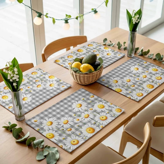 Spring White Daisy Flower Placemats Set of 4,Wipeable Washable Table Mats for Dining Tables, Farmhouse Flower Gray Buffalo Plaid Place Mats for Kitchen Event Party Tabletop Decor