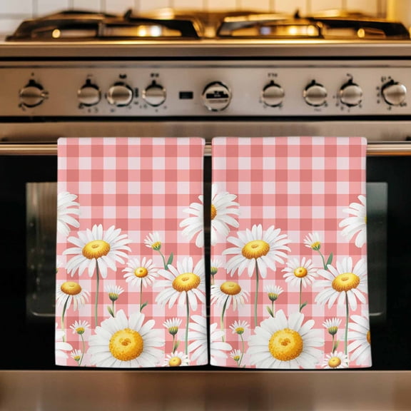 Spring White Daisy Kitchen Towels Set of 1, Farmhouse Floral Pink Buffalo Plaid Absorbent Dish Towels for Kitchen, Microfiber Hand Towel, Quick Drying Tea Towel for Cleaning Decorative Dishcloths