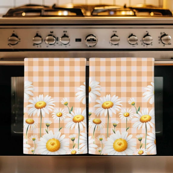 Spring White Daisy Kitchen Towels Set of 4, Farmhouse Floral Orange Buffalo Plaid Absorbent Dish Towels for Kitchen, Microfiber Hand Towel, Quick Drying Tea Towel for Cleaning Decorative Dishcloths