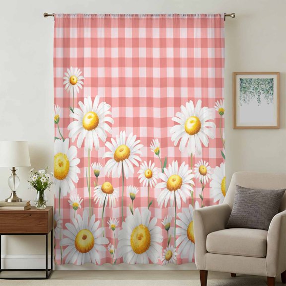 Spring White Daisy Sheer Curtains 45 Inches Long, Farmhouse Floral Pink Buffalo Plaid Light Filering Curtains, Breathable Simi Curtain Privacy Drapes for Kitchen Bathroom Small Window Treatment