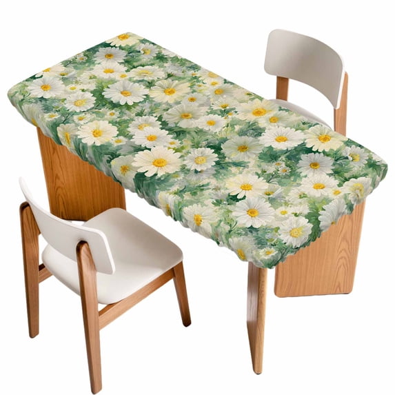 Spring White Daisy Table Cloths for 5 Foot Rectangle Tables, Flowers Green Leaves Retro Botanical Patio Waterproof Elastic Fitted Tablecloths, Washable Rectangular Table Cover for Camping