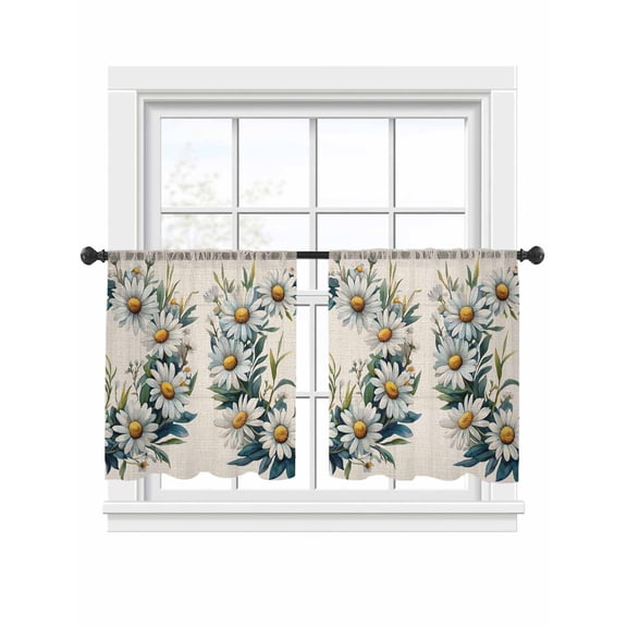 Spring White Daisy Wreath Sheer Curtains 2 Panels Set Country Watercolor Floral Green Leaf Linen Sheer Window Curtains Light Filtering Rod Pocket Voile Drapes for Bedroom Living Room 52"x54"