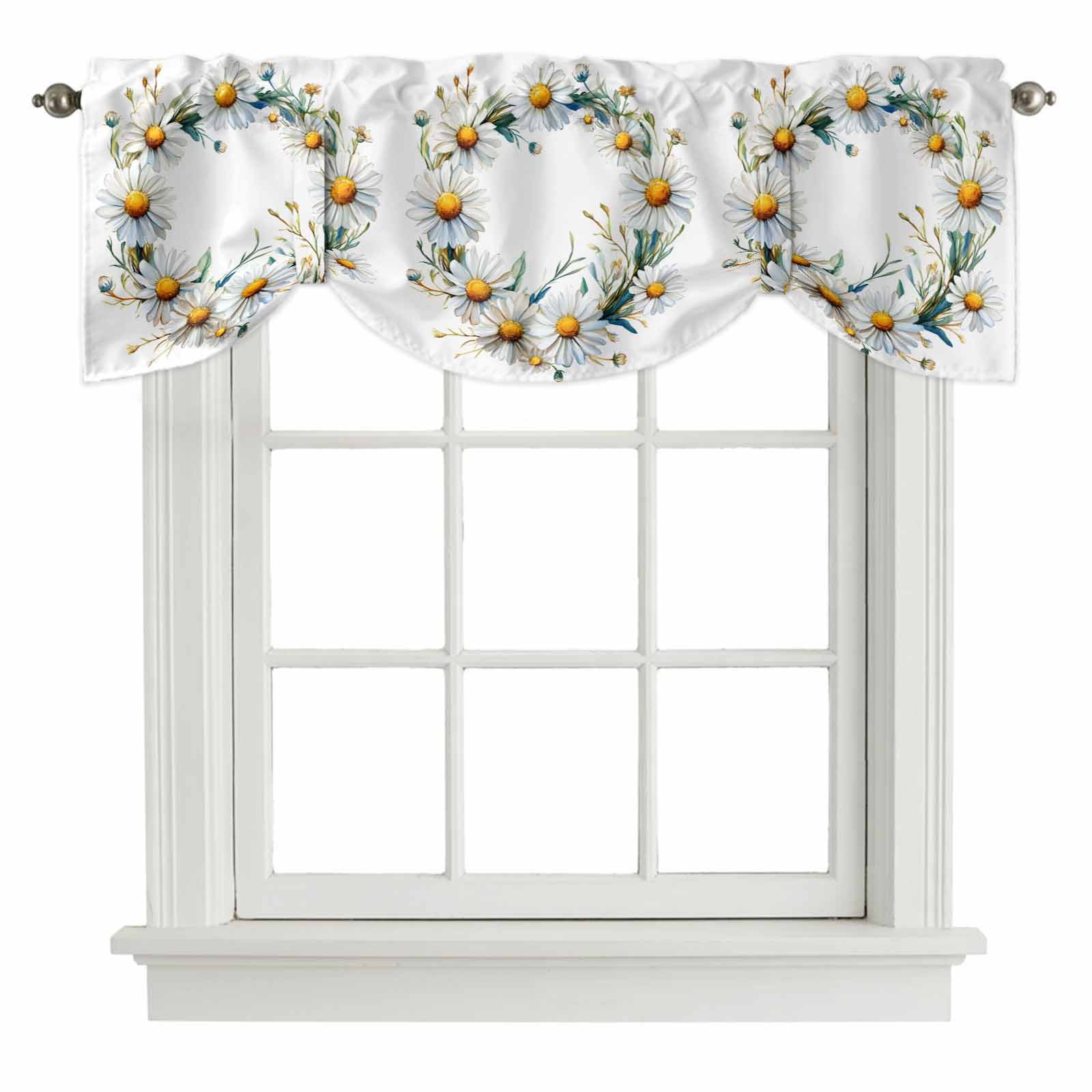 Spring White Daisy Wreath Tie Up Valances Curtain, Country Watercolor ...
