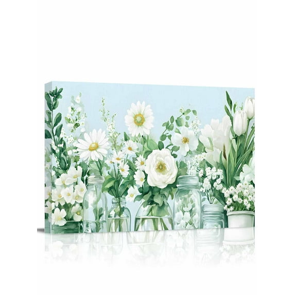 Spring White Floral Canvas Print Wall Art Flower Rose Bottle Framed Canvas Art Wall Decor Illustration Pictures Painting Morden Artwork for Living Room Bedroom, Ready to Hang - 24"x32"