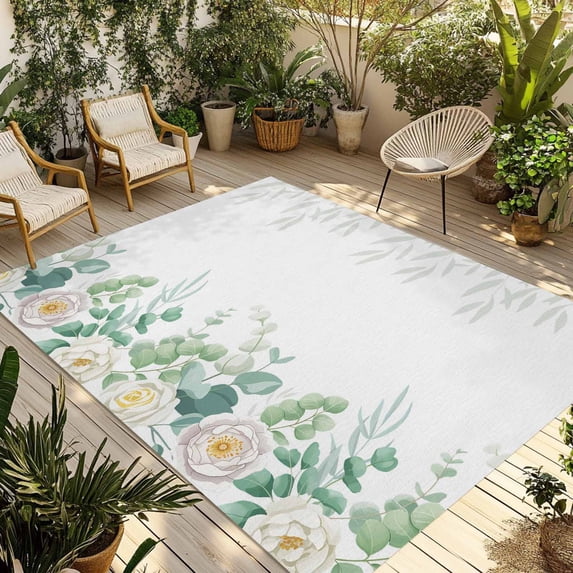 Spring White Floral Outdoor Rug for Patio/Deck/Porch, Non-Slip Large Area Rug 5 x 7 Ft, Summer Eucalyptus Leaves Pastoral Indoor Outdoor Rugs Washable Area Rugs, Reversible Camping Rug Carpet Runner