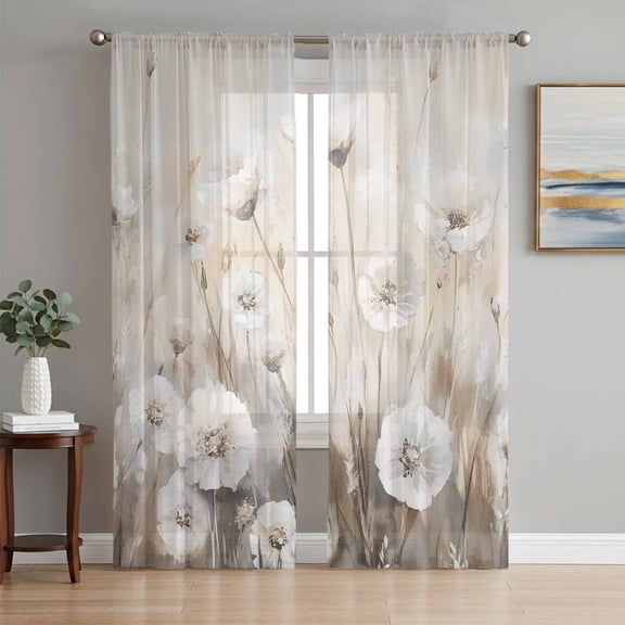 Spring White Floral Sheer Curtains 84 Inch Length 2 Panels Set, Watercolor Vintage Beige Flowers Voile Window Treatment Rod Pocket Curtains Sheers Drapes for Bedroom/Living Room/Kitchen 52"x84"x2