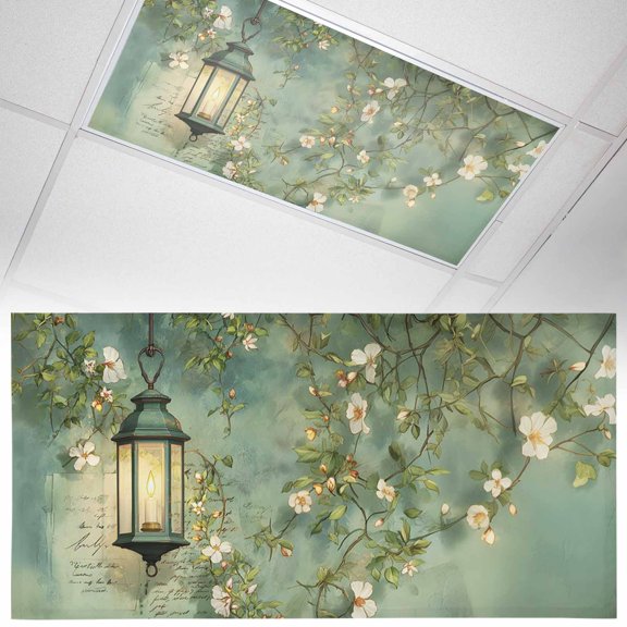 Spring White Flowers Fluorescent Light Covers Green Lights Candles Watercolors Magnetic Light Filters Ceiling Lighting Panel Shade for Classroom Office Home 2 x 4 ft, 1 Pack