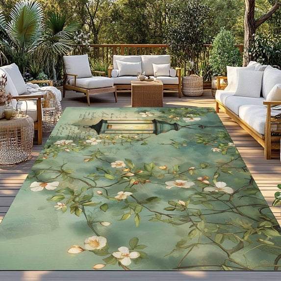 Spring White Flowers Indoor Outdoor Rugs 5x7 Ft, Green Lights Candles Watercolors Outdoor Patio Rugs Mat Washable Outside Area Rugs Carpet for Porch Deck RV Camping Pool Balcony Backyard