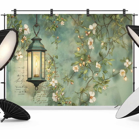 Spring White Flowers Photography Backdrop 7x5FT, Green Lights Candles Watercolors Photo Backdrops, Background for Photography Studio Photo Studio Background, Back Drop for Photoshoot
