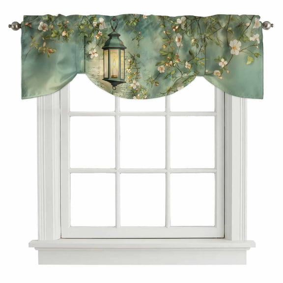 Spring White Flowers Tie Up Valance for Windows, Green Lights Candles Watercolors Adjustable Rod Pocket Tie Up Valance Curtains Window Treatment for Kitchen Bathroom Bedroom 42 X 12 Inch