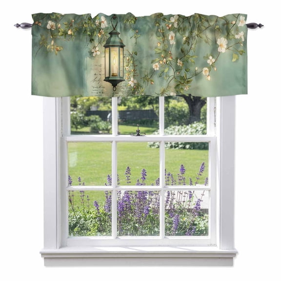 Spring White Flowers Valance Curtain for Windows Green Lights Candles Watercolors Rod Pocket Curtain Valances Short Window Treatments Panels for Kitchen Bathroom Laundry Room Basement 42 x 18 Inch