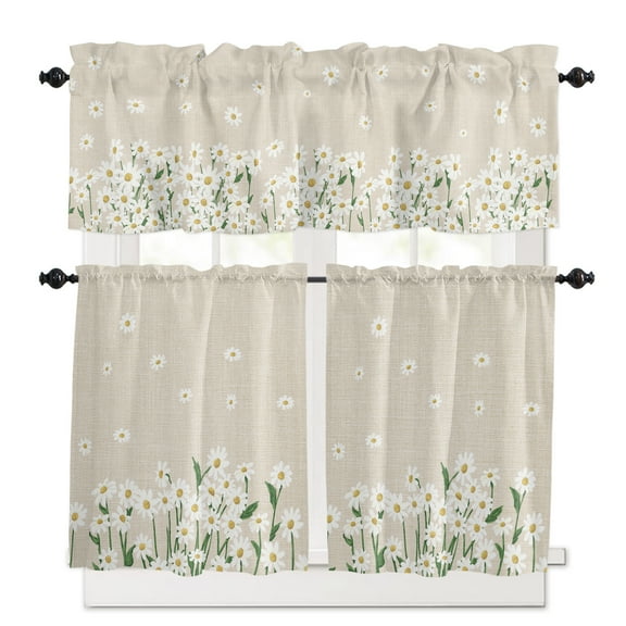 Spring White Kitchen Curtains Valances and Tiers Set of 3, 24 Inch Length Tier Curtains and Valance Rod Pocket Valance Curtains Set for Kitchen Bathroom Small Windows