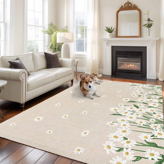 Spring White Large Area Rugs 5x8 ft Daisy Flowers Plants Linen Style Background Washable Rug Non Slip Indoor Carpet Absorbent Floor Mat for Living Room Bedroom Dining Room