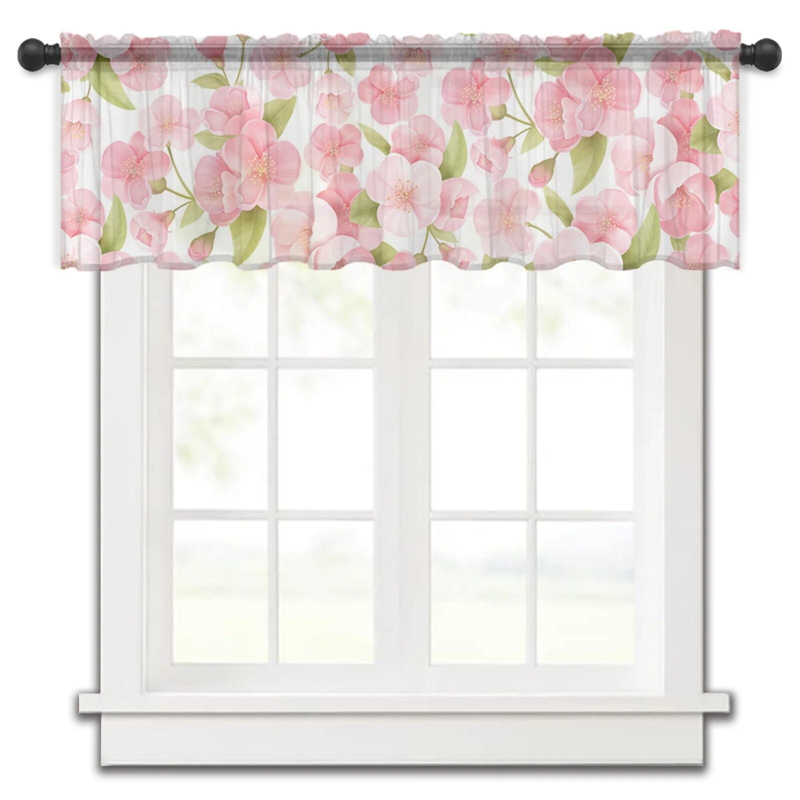 Spring White Peach Blossom Kitchen Small Window Curtain Tulle Sheer ...