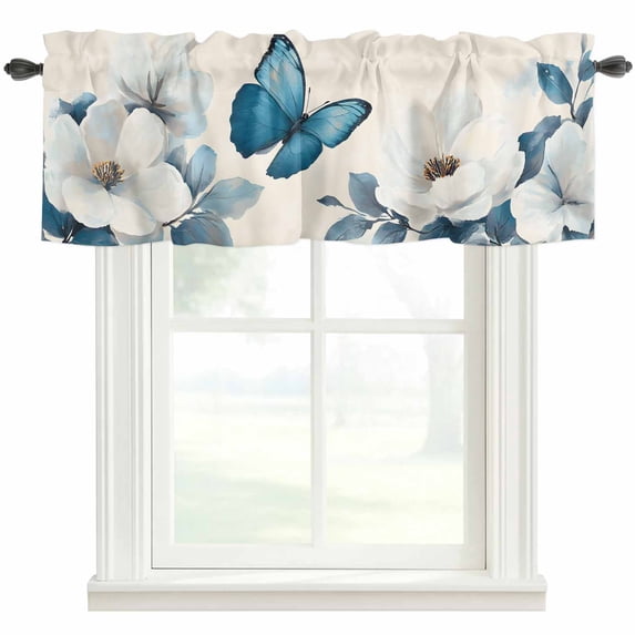 Spring White Valances for Windows Floral Vintage Blue Butterfly Rod Pocket Curtain Valance Window Treatment Short Curtains for Kitchen Living Room, 42"x12"