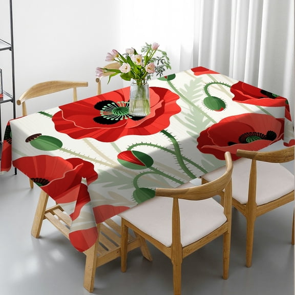 Spring Wild Flower Poppy Ladybug Leaf Rectangular Tablecloth, Festive Table Setting - Kitchen Accessories Tablecloths for dining table, Cafe, dinner,picnic, wedding, party